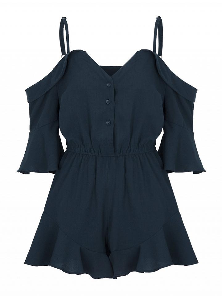 Choies Peacock Blue V-neck Cold Shoulder Ruffle Hem Cami Romper Playsuit