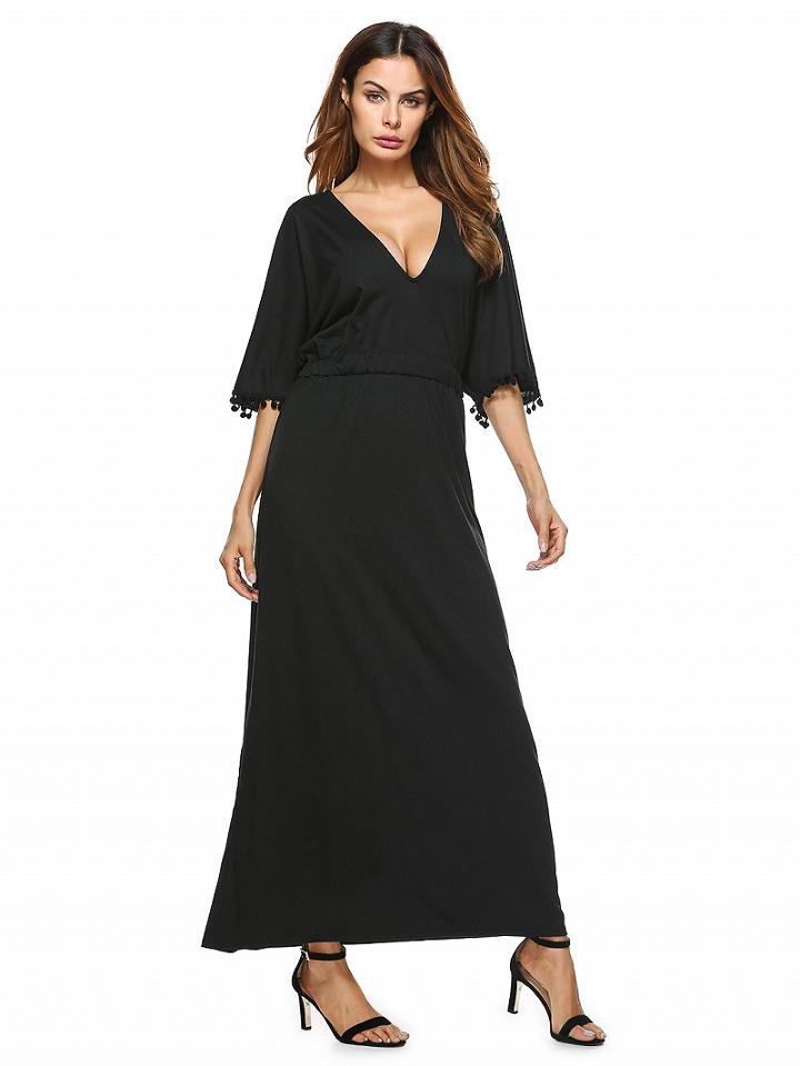 Choies Black V Neck Tie Back Pom Pom Detail Half Sleeve Maxi Dress