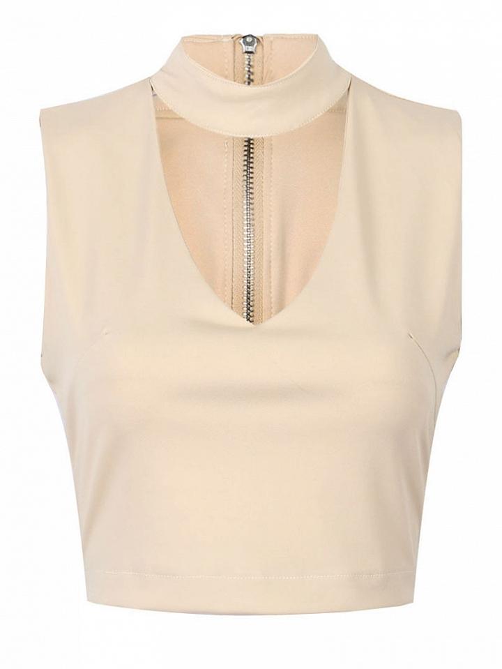 Choies Beige Plunge High Neck Sleeveless Crop Top