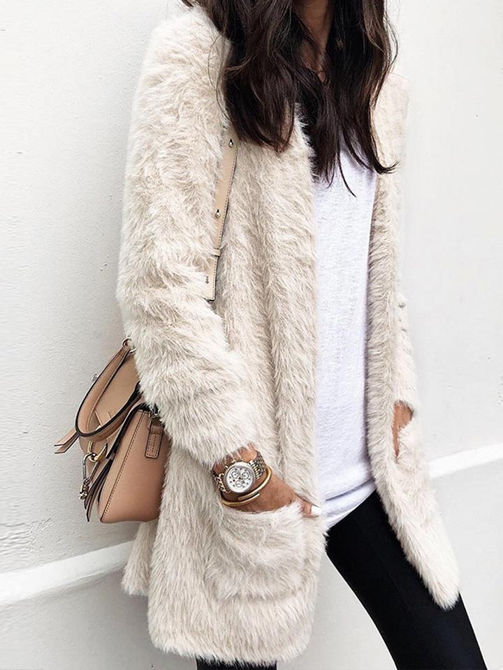 Choies White Open Front Pocket Detail Long Sleeve Women Fluffy Cardigan