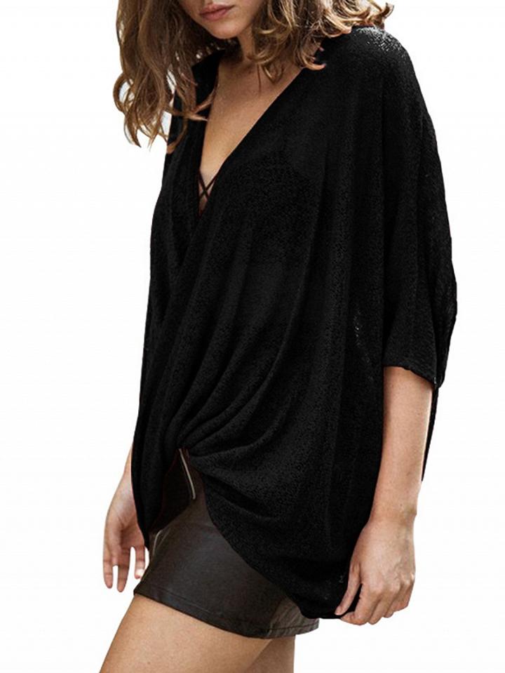 Choies Black Wrap Front Batwing Sleeve Blouse