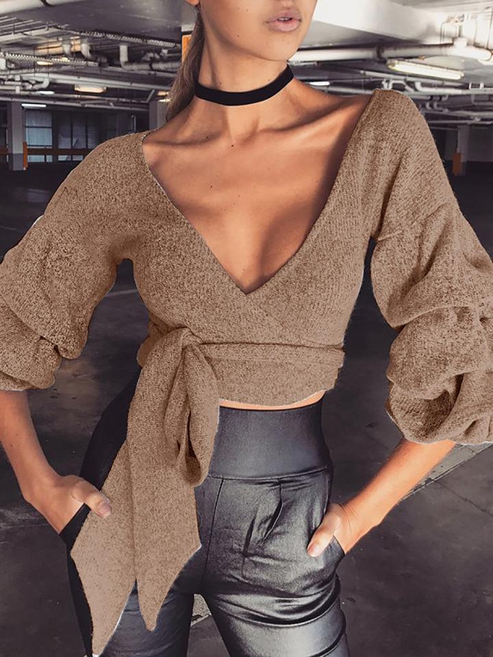 Choies Khaki Plunge V-neck Tie Waist Puff Sleeve Cropped Knit Sweater