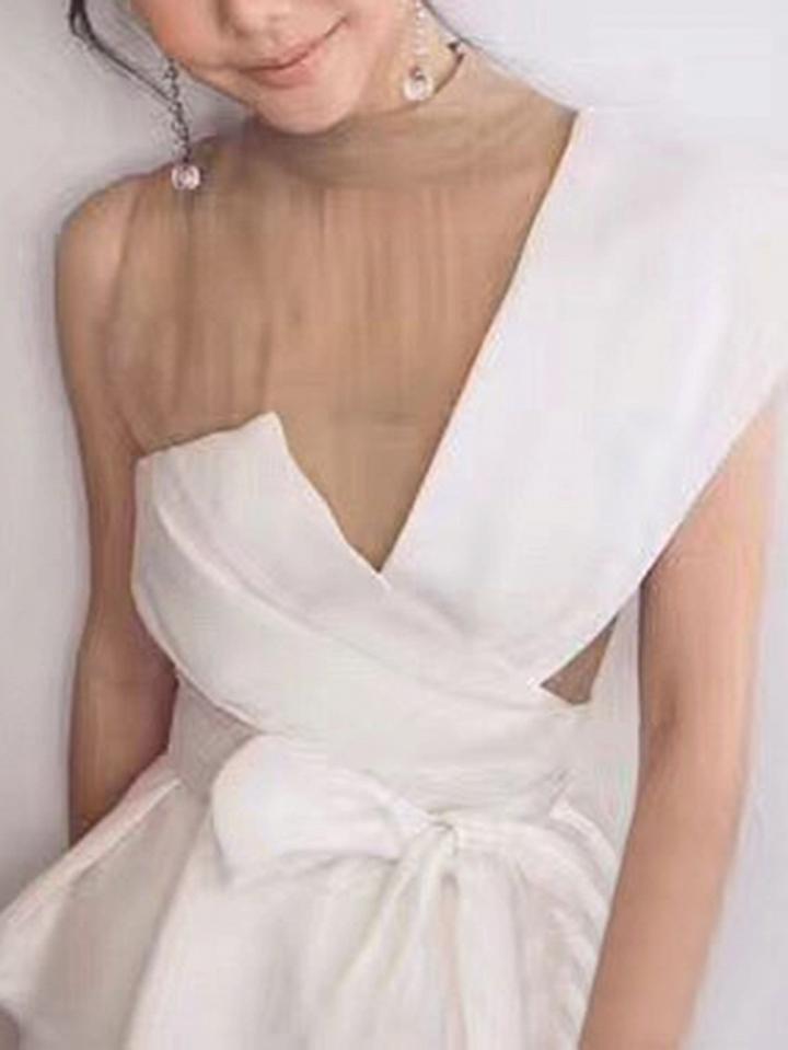 Choies White Contrast Sheer Mesh Panel Tie Waist Peplum Hem Top