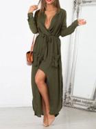 Choies Army Green Chiffon Plunge Split Long Sleeve Chic Women Maxi Dress