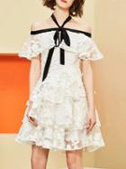 Choies White Off Shoulder Tie Neck Layered Ruffle Lace Dress