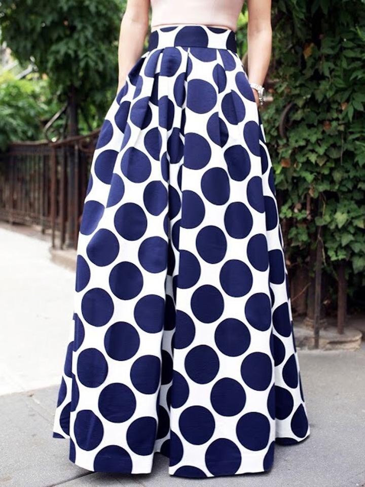 Choies White Contrast Polka Dot Print Maxi Skirt