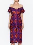 Choies Purple Off Shoulder Layered Embroidery Floral Midi Dress