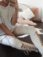 Choies Khaki Faux Suede Lace Up Skinny Pants