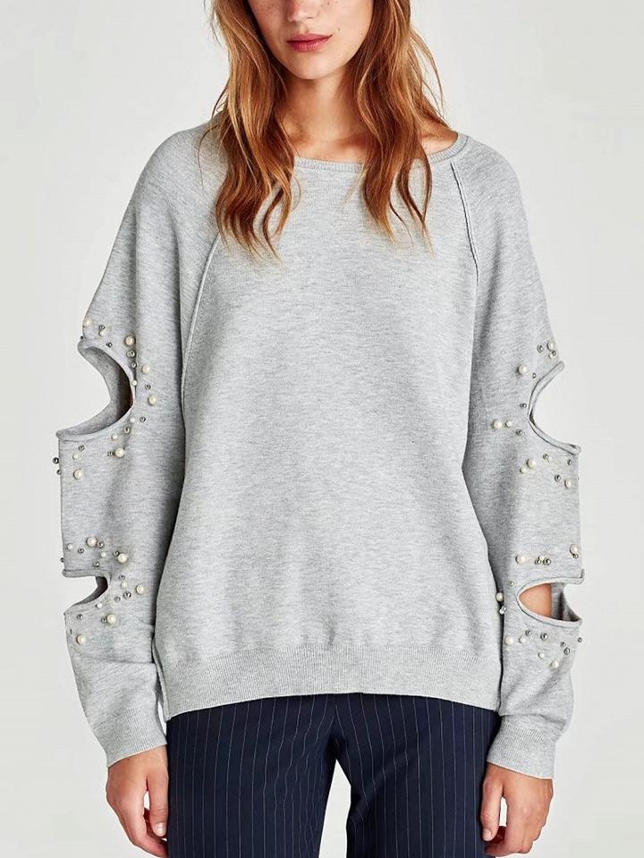 Choies Gray Pearl Embellished Rip Sleeve Sweatshirt