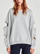 Choies Gray Pearl Embellished Rip Sleeve Sweatshirt