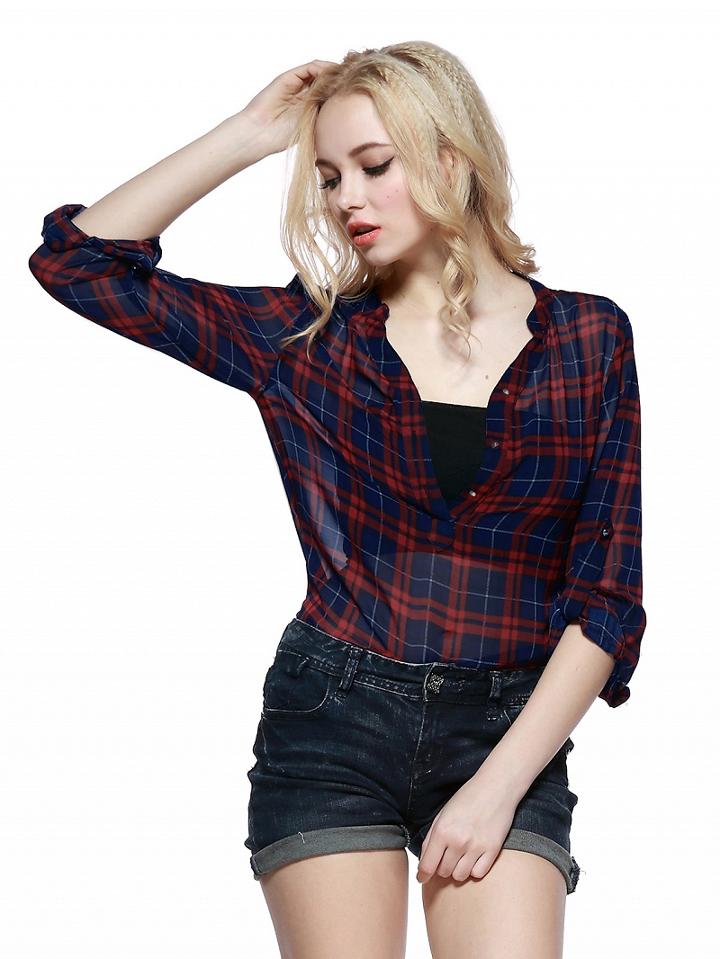 Choies Red And Blue Check Chiffon Blouse