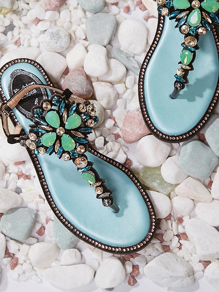 Choies Green T-band Crystal Pinch Chic Women Flat Sandals