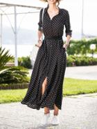 Choies Black Cotton Polka Dot Print Tie Waist Long Sleeve Women Maxi Dress