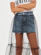 Choies Black Sheer Mesh Denim Lined Ruffle Midi Skirt