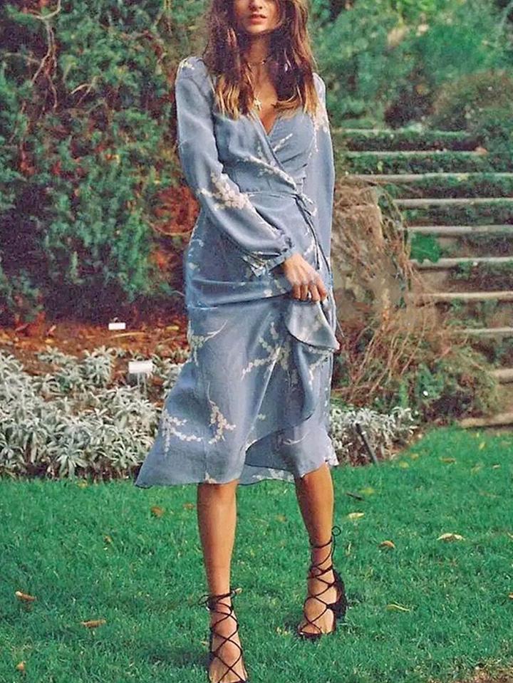 Choies Blue Plunge Floral Print Tie Waist Long Sleeve Dress