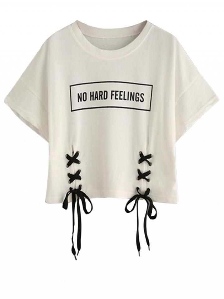 Choies White Letter Print Lace Up Detail Short Sleeve Cropped T-shirt