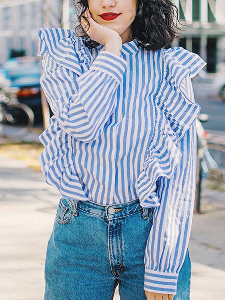 Choies Blue Stripe Stand Collar Ruffle Trim Long Sleeve Shirt