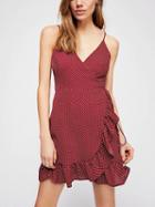 Choies Burgundy V-neck Polka Dot Tie Waist Ruffle Hem Mini Dress