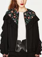 Choies Black Ruffle Trim Embroidery Detail Bomber Jacket