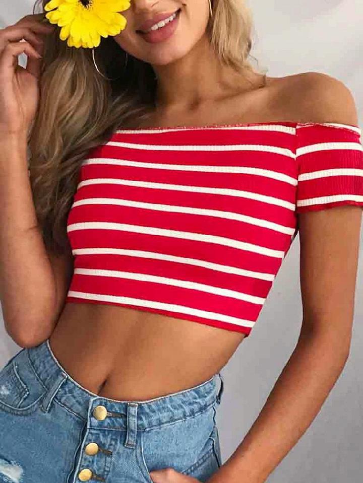 Choies Red Stripe Cotton Off Shoulder Chic Women Crop Top
