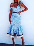 Choies Blue V-neck Bow Shoulder Lace Bodycon Midi Pephem Dress