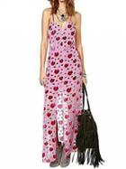 Choies Pink V-neck Rose Print Front Split Strap Cross Maxi Dress
