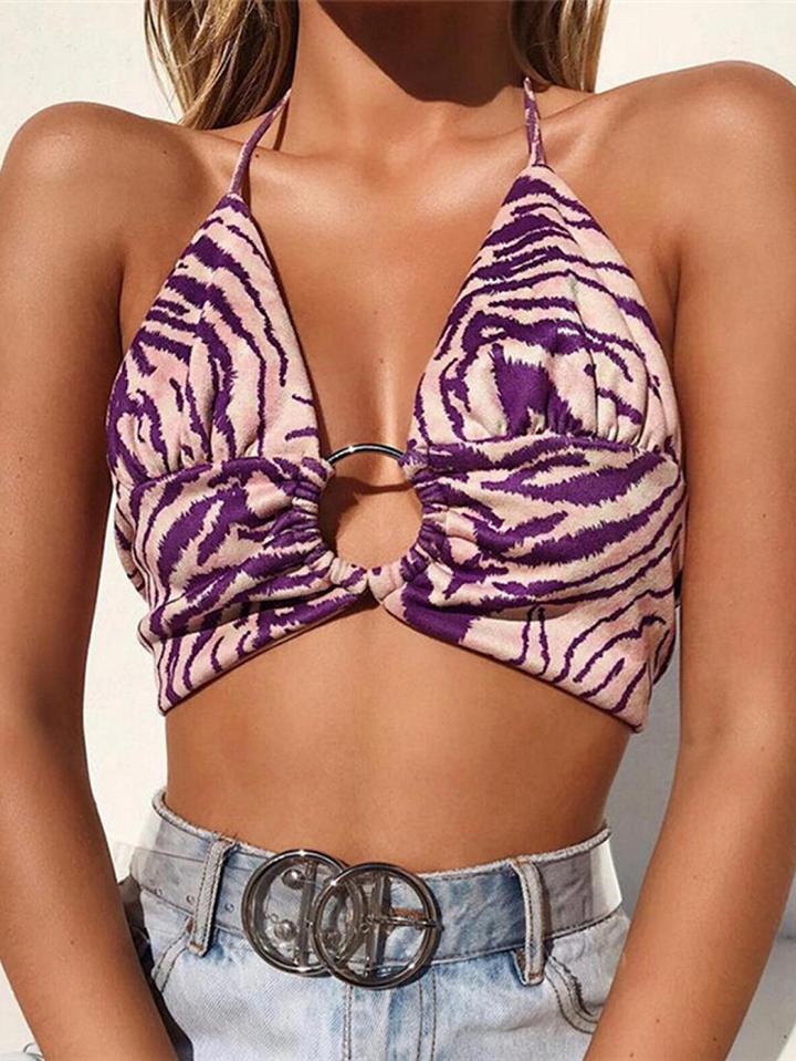 Choies Purple Halter Plunge Open Back Chic Women Crop Cami Top