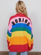 Choies Polychrome Stripe V-neck Letter Print Long Sleeve Knit Cardigan