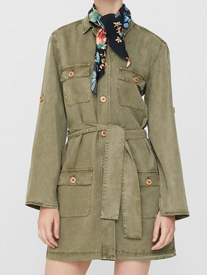 Choies Army Green Cotton Tie Waist Long Sleeve Chic Women Mini Dress