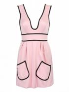 Choies Pink Plunge V-neck Contrast Hem Backless Mini Dress