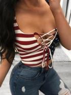 Choies Red Stripe Cotton Star Print Lace Up Front Chic Women Crop Tank Top