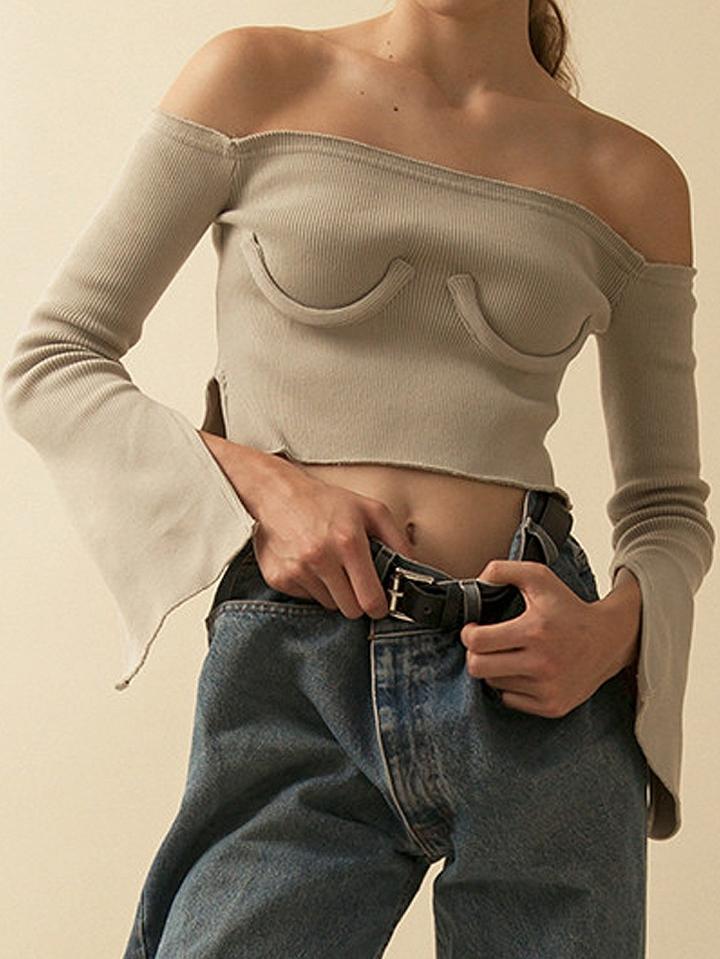 Choies Gray Off Shoulder Split Flared Sleeve Cropped Ribbed T-shirt