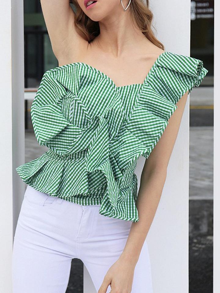 Choies Green One Shoulder Stripe Ruffle Trim Blouse