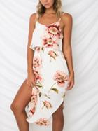 Choies White Spaghetti Strap Floral Print Asymmetric Hem Chic Women Dress