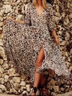 Choies Brown V-neck Leopard Print Button Placket Front Tie Waist Maxi Dress