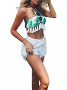 Choies Green Leaf Print Halter Tassel Padded Bikini Top And Bottom