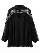 Choies Black Embroidery High Neck Plunge Front Blouson Sleeves Blouse