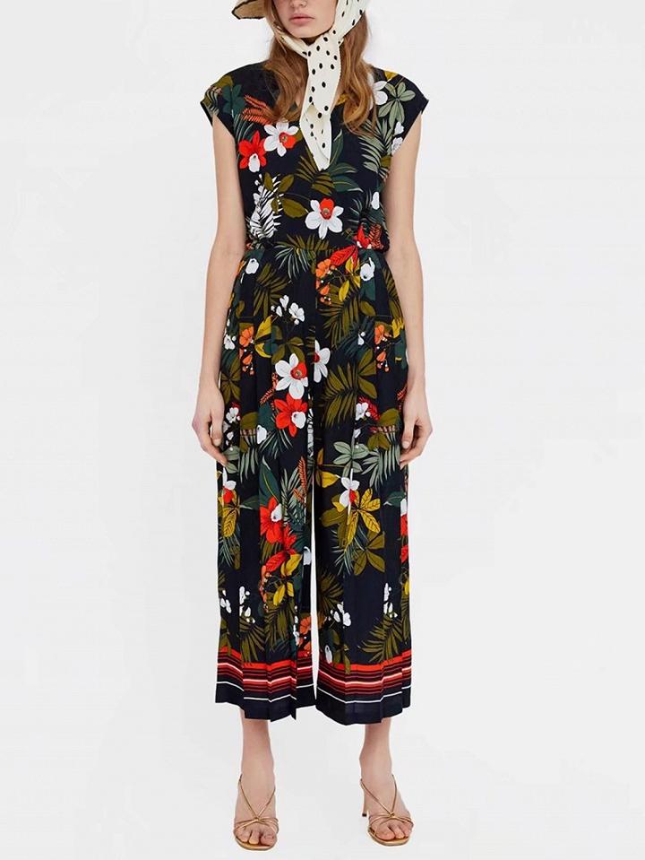 Choies Black V-neck Floral Print Ruched Detail Romper Jumpsuit