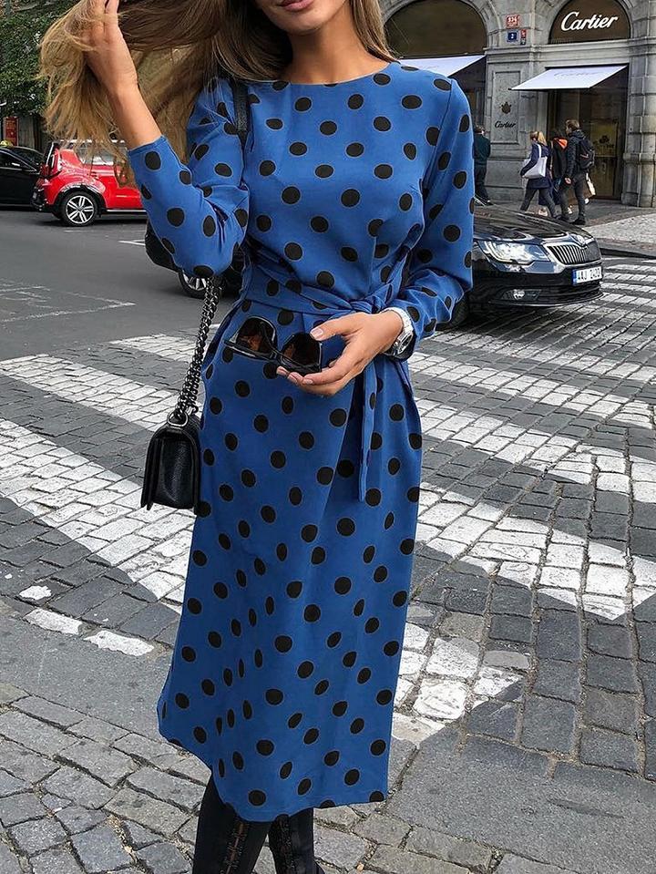 Choies Blue Polka Dot Print Tie Waist Long Sleeve Women Midi Dress
