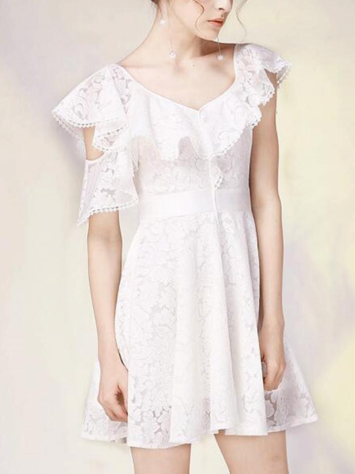 Choies White Asymmetric Ruffle Lace Skater Dress