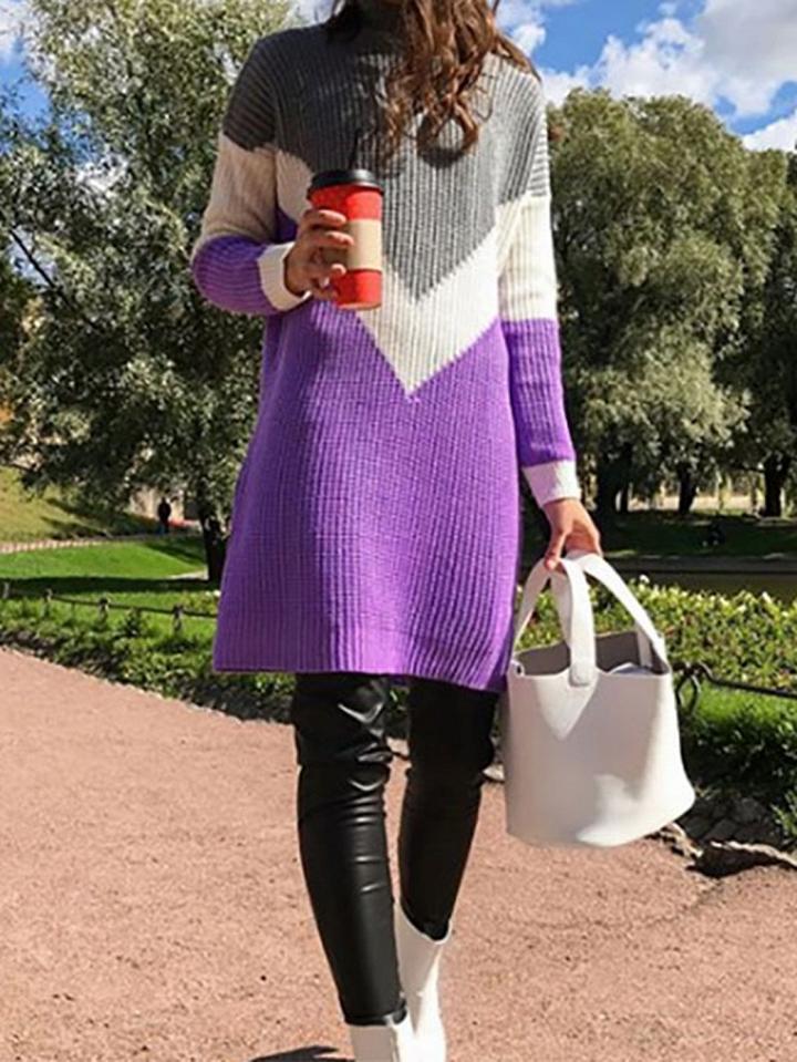 Choies Purple Contrast High Neck Long Sleeve Chic Women Knit Sweater