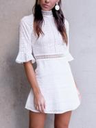 Choies White High Neck Cutwork Detail Flared Sleeve Mini Dress