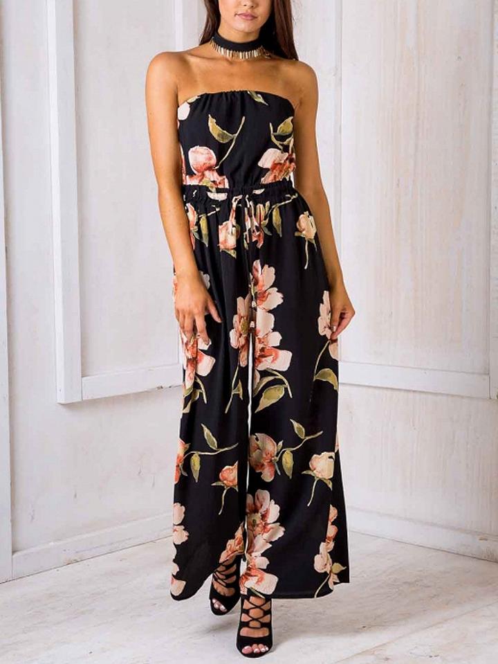 Choies Black Bandeau Floral Print Drawstring Waist Jumpsuit