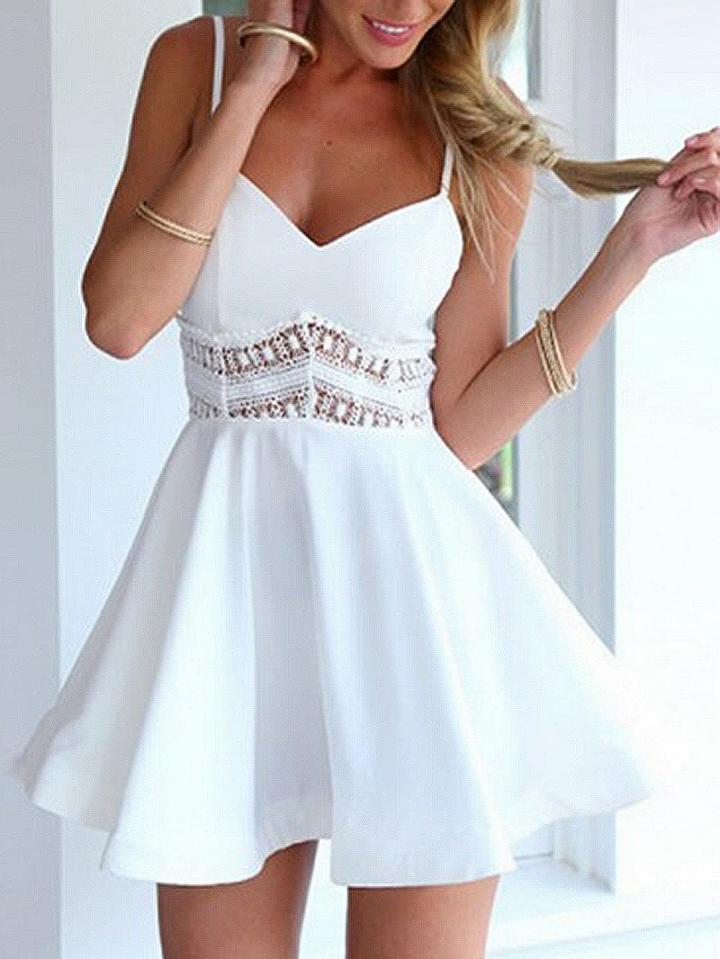 Choies White V-neck Lace Panel Spaghetti Strap Mini  Dress