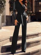 Choies Black V-neck Polka Dot Print Panel Tie Waist Long Sleeve Jumpsuit