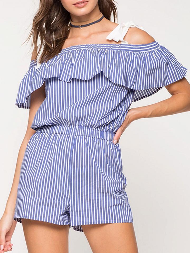 Choies Blue Stripe Tied Off Shoulder Ruffle Romper Playsuit