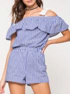 Choies Blue Stripe Tied Off Shoulder Ruffle Romper Playsuit