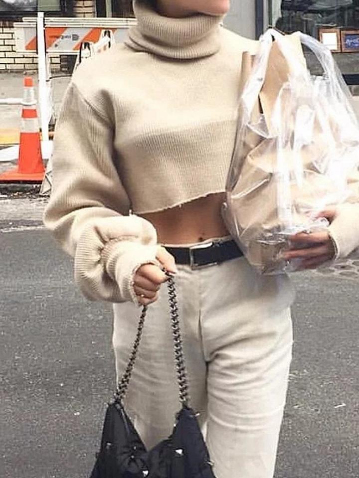 Choies Light Khaki Ribbed High Neck Puff Sleeve Chic Women Crop Sweater