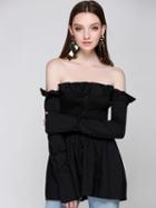 Choies Black Off Shoulder Frill Trim Shirred Long Sleeve Shirt