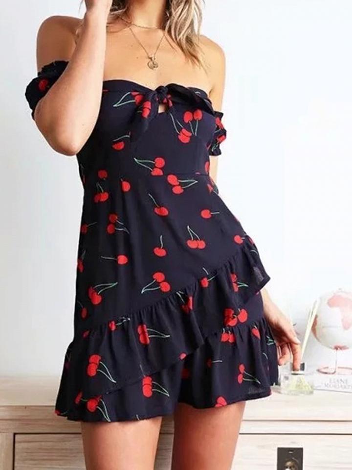 Choies Dark Blue Off Shoulder Cherry Print Chic Women Mini Dress